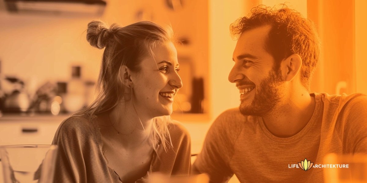 Couple having a conversation, a happy man taking care of his relationship after getting back with his girlfriend