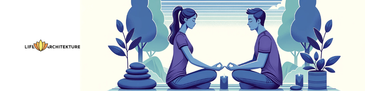 Illustration of a couple sitting on the ground in a park meditating to find calmness, patience and peace within