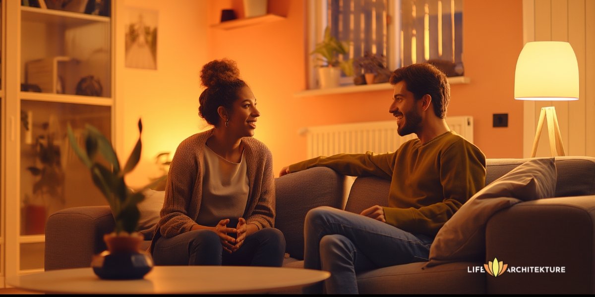 A newly married couple sits on a couch at home, engaging in discussions about managing anxiety in their relationship