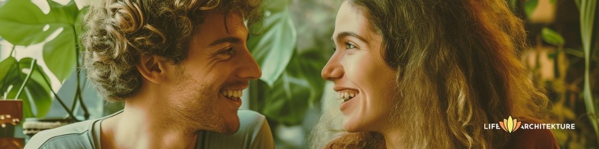 a couple having mindful conversation and sharing laughter