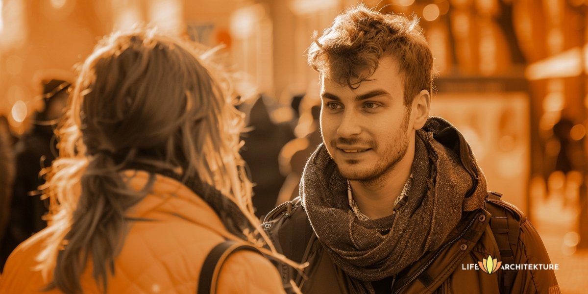 Un homme parlant à une dame dans la rue avec empathie et authenticité, établissant une forte connexion en tant qu'homme gamma.