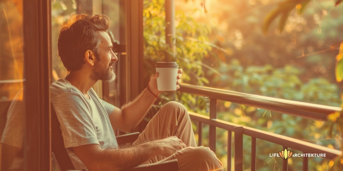 Mann, der sich mit sich selbst verabredet und einen ruhigen Sonnenaufgang mit einer Tasse Kaffee auf seinem Balkon genießt