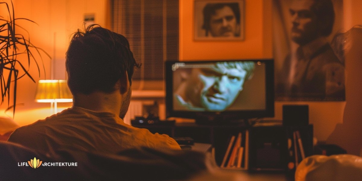 A man watching a movie on television about a toxic man