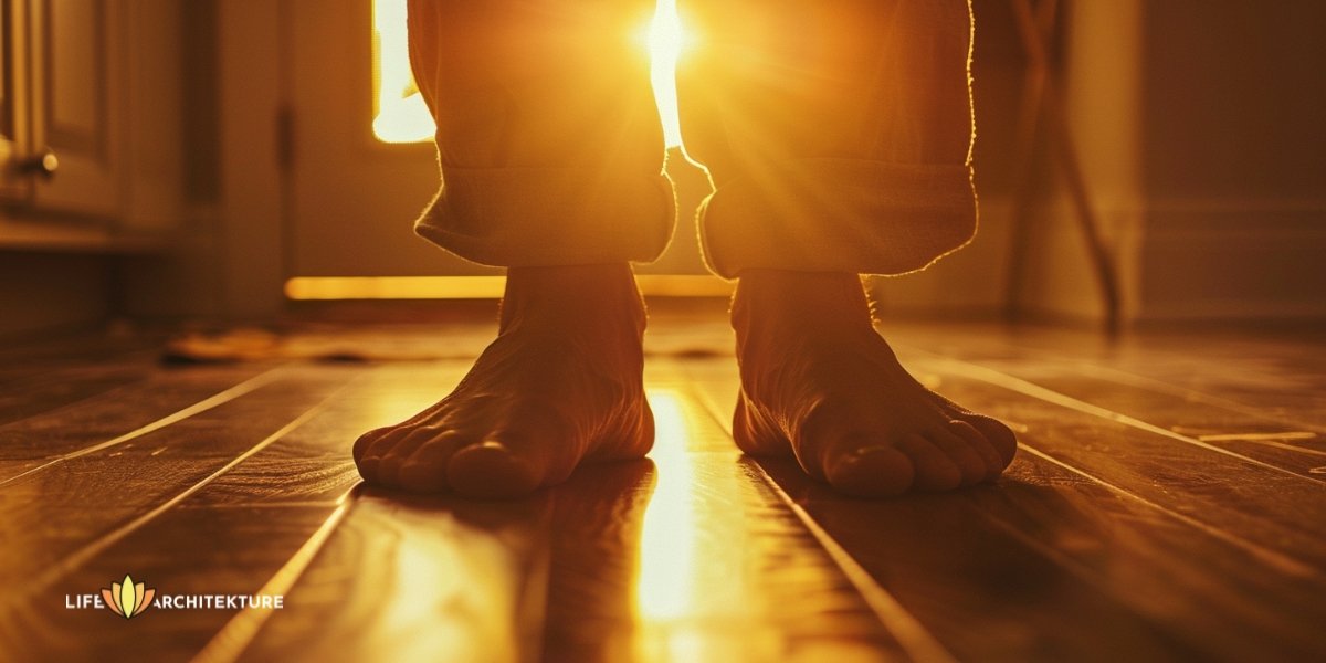Feet of a man ready to step out of comfort zone in confidence
