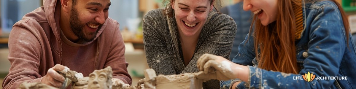 Gruppe von Menschen, die an einem Workshop für Tonmodellierung teilnehmen und Freundschaften schließen