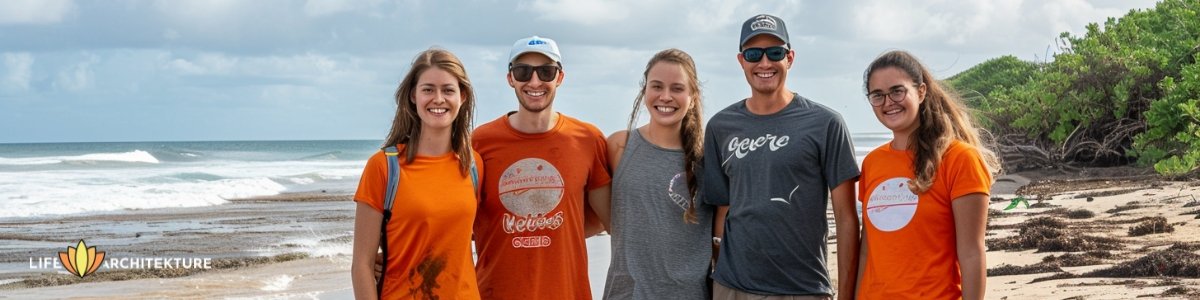 Eine Gruppe von Freunden, Jungs und Mädchen, die sich freiwillig für eine saubere Erde engagieren