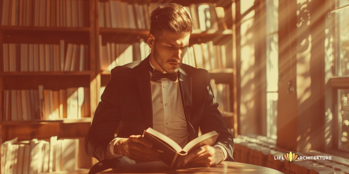 A man on book marathon, sitting in library finishing the book of the week all dressed up for a date