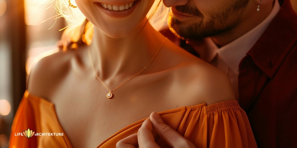 A man gifting a neck piece to his partner, showing love using love language
