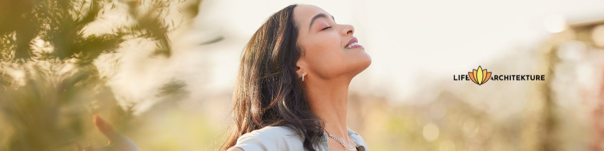 woman being grateful arms wide open smiling eyes closed