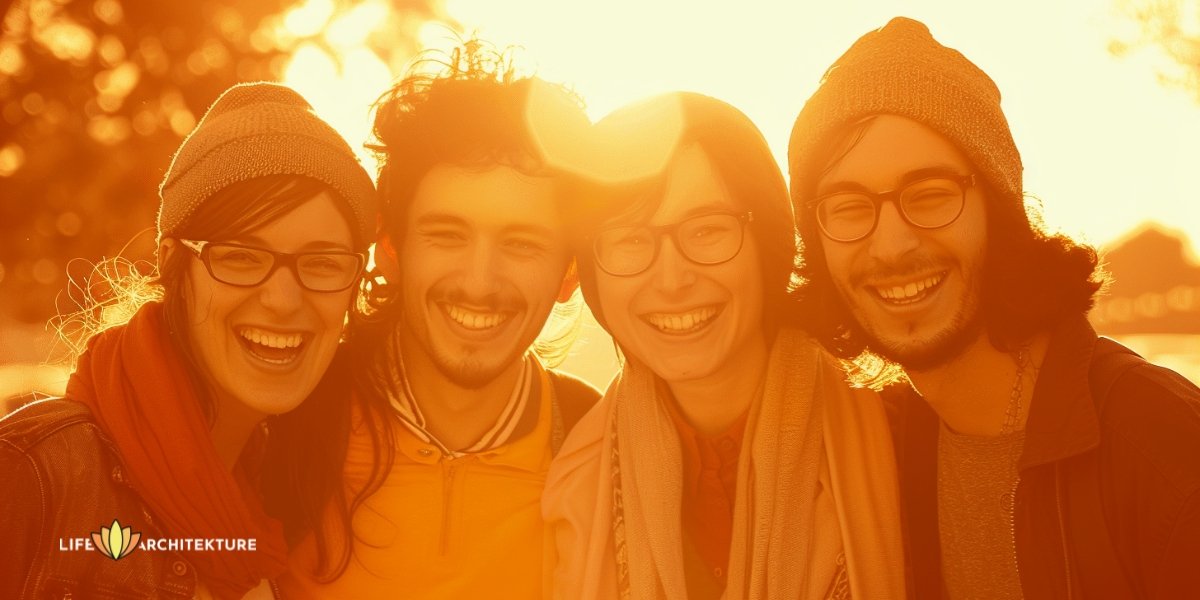 Un grupo de cuatro amigos positivos disfrutando, viviendo su mejor vida