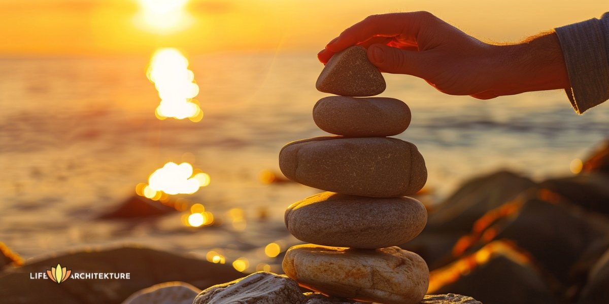 Un hombre colocando la última piedra sobre la pila explicando el equilibrio y el crecimiento personal