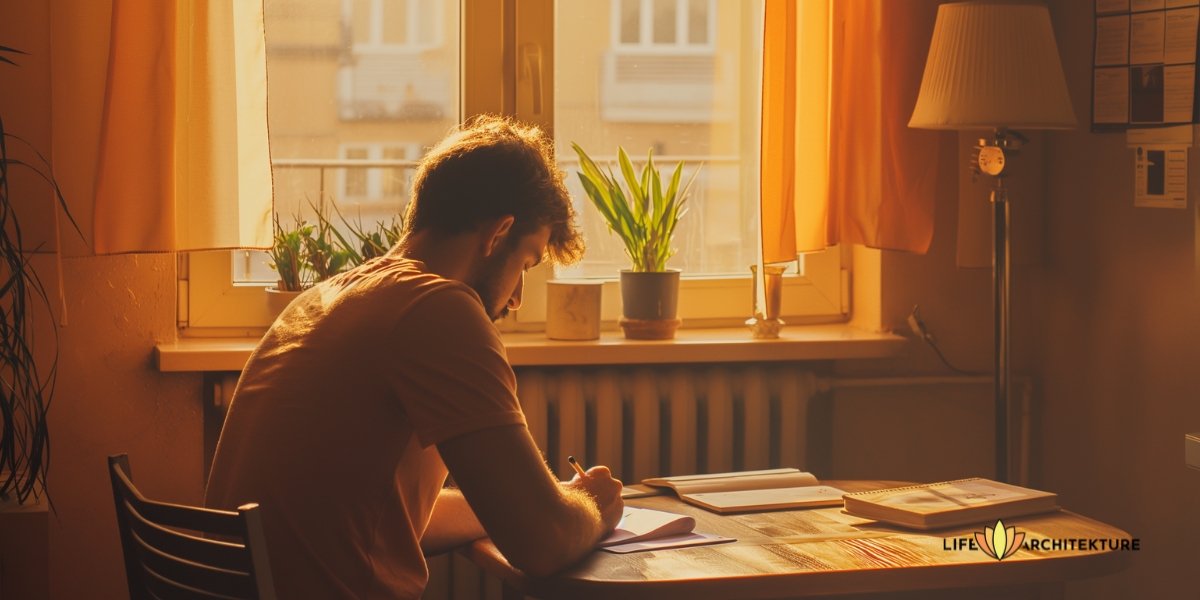 een man die thuis, zittend op een tafel, zijn gedachten noteert en zijn innerlijke werk doet