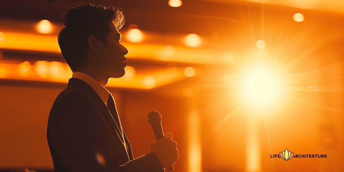 A guy giving speech on the stage about 'How to be gentle'