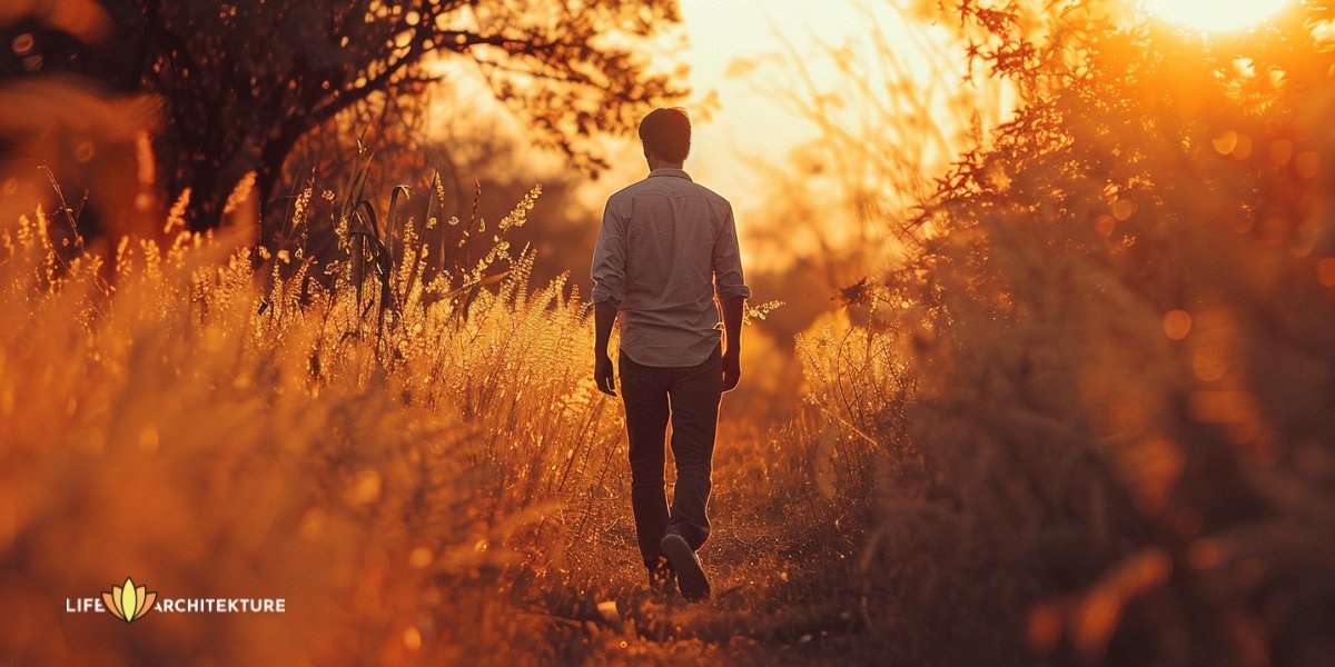 man maakt een wandeling in de natuur, neemt pauze van zijn werk en geeft prioriteit aan geestelijke gezondheid