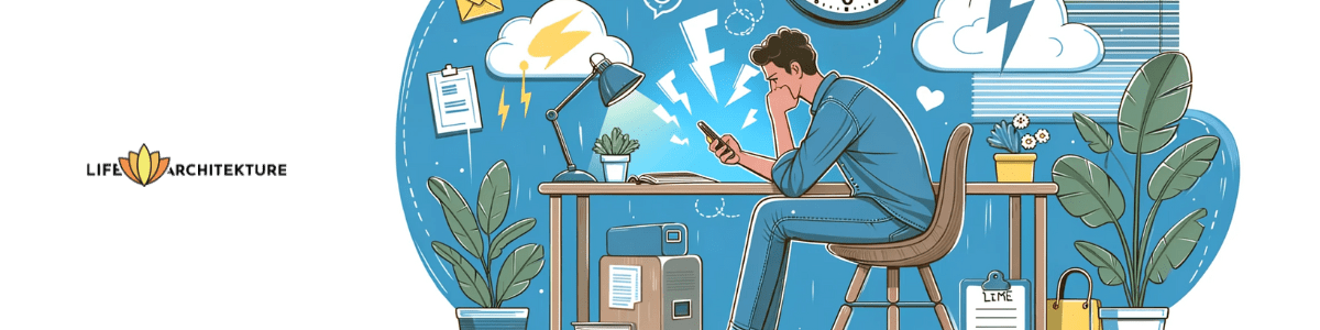 Illustration of a man sitting at the desk checking his phone full of messages, mails, and requests with patience