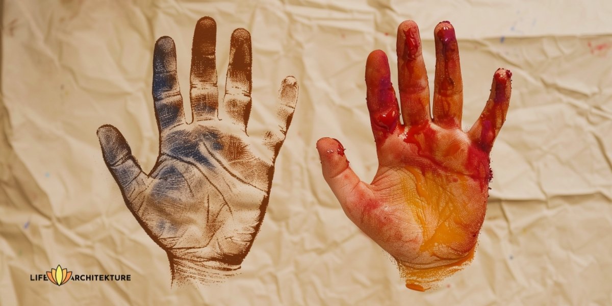A hand covered with paint created a unique impression on the paper