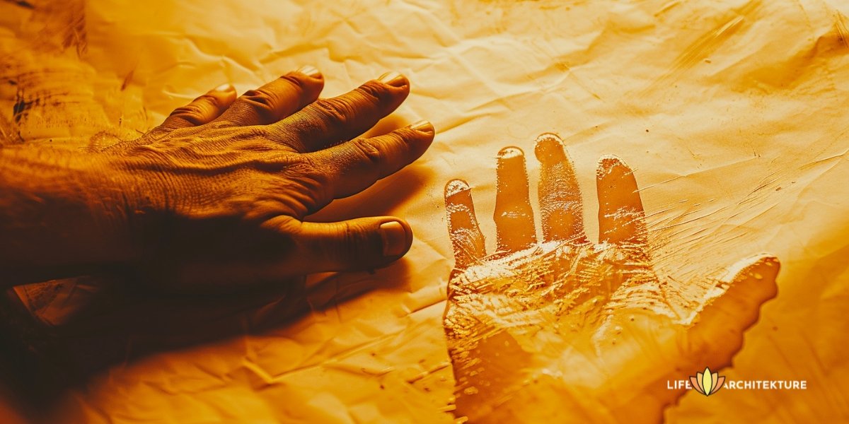 hombre dejando su marca, dejando la huella de su mano en un papel