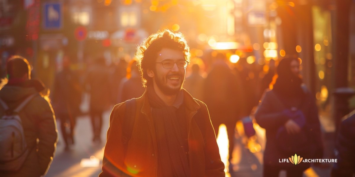 Ein glücklicher Mann, der auf der Straße geht und seine Freude und sein Lächeln mit anderen teilt