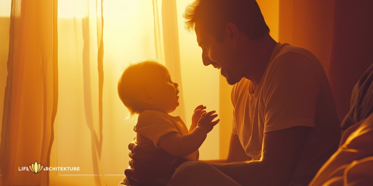 Ein frischgebackener Vater, der mit seinem kleinen Sohn spielt und dabei Glück und Freude vermittelt
