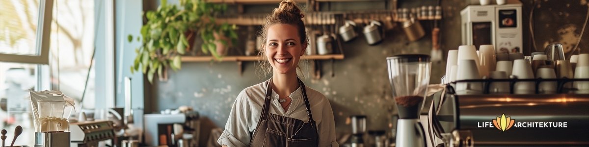 a happy woman working in a coffee shop with optimism