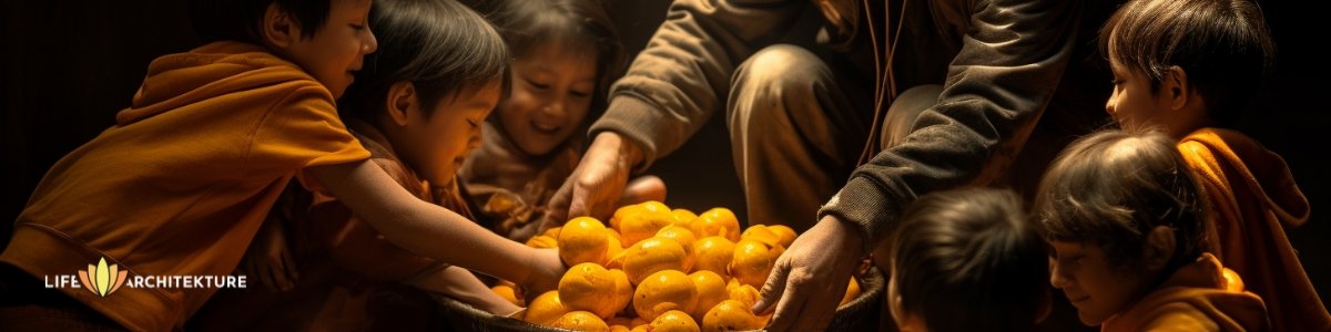 Un hombre al servicio de la humanidad compartiendo naranjas con niños sin hogar en la calle
