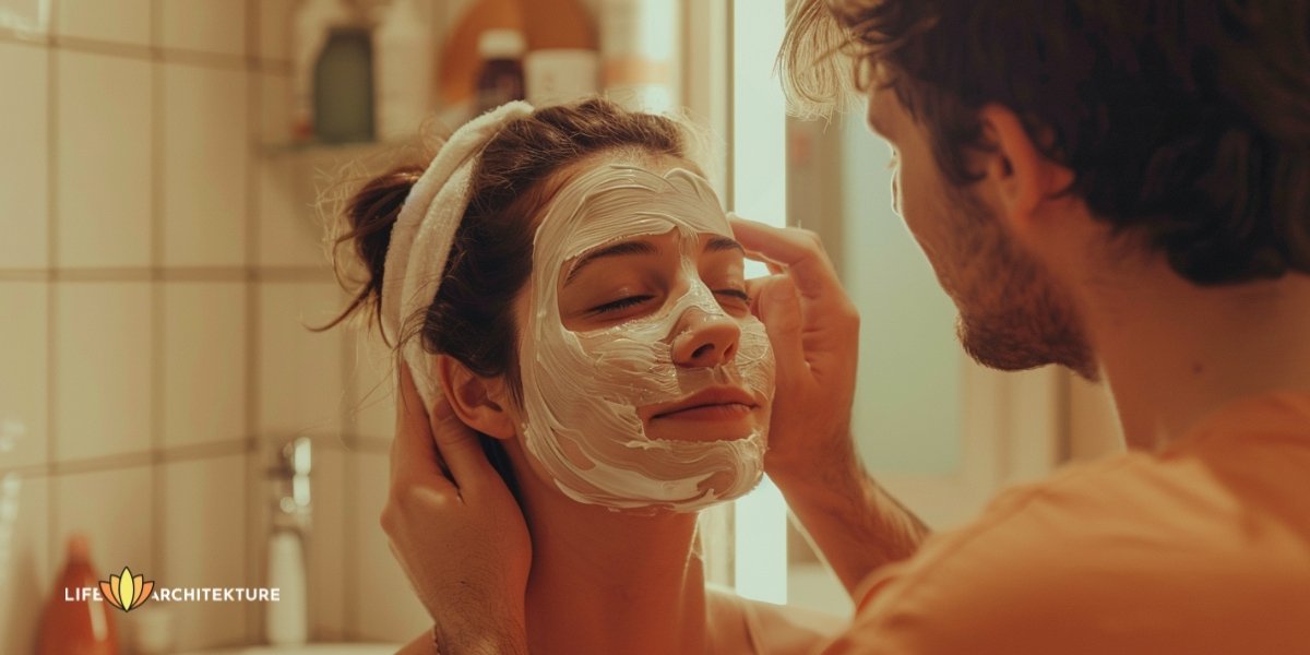 Ein Mann legt seiner Frau eine Gesichtsmaske auf, um ihr nach der Heirat bei der Selbstpflege zu helfen - eine Geste der Liebe 