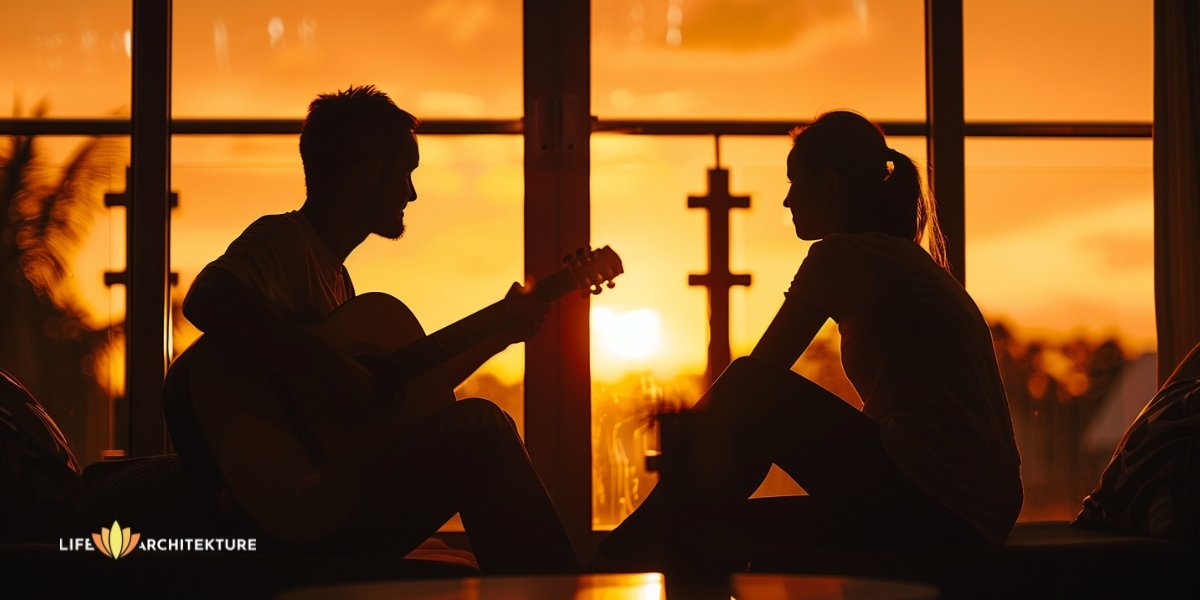 A man playing guitar for his wife during sunset, sharing his passion to cultivate healthier relationship