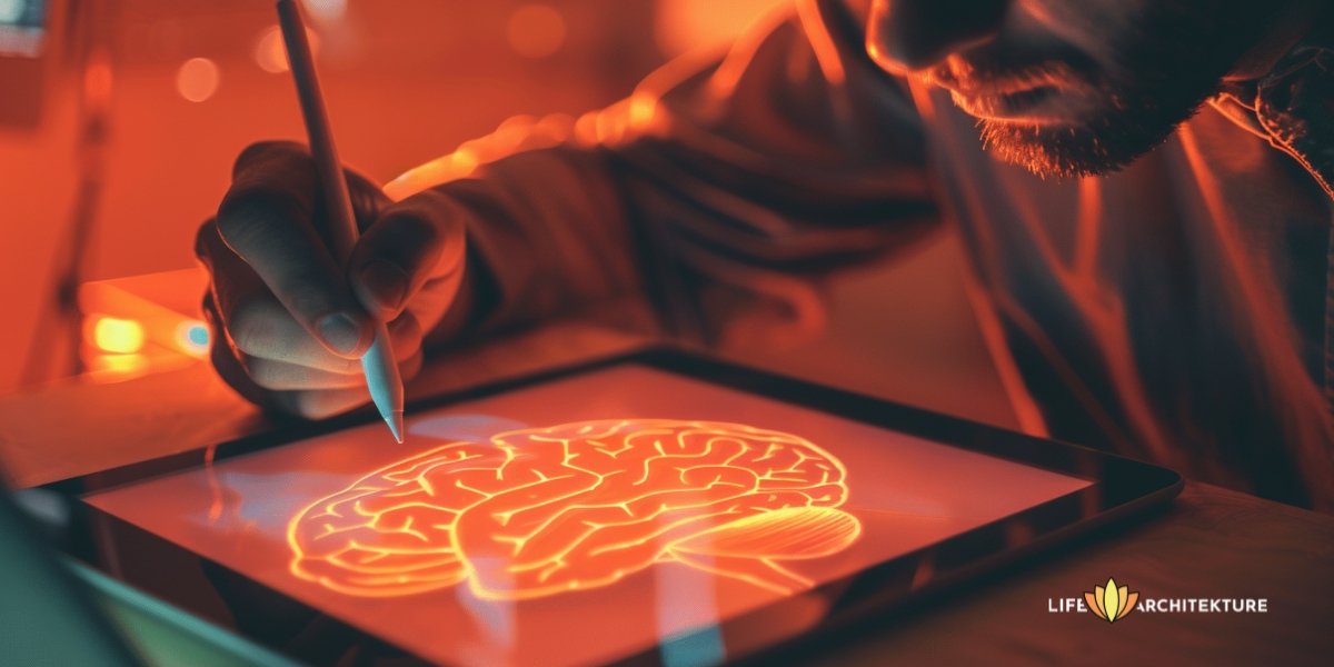 An illustration artist creating a digital art of brain structure to explain the power of mind
