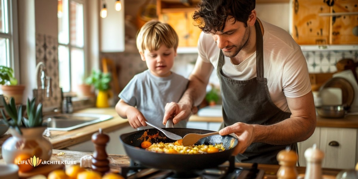 Man independently taking care of himself and his child while mom is not home