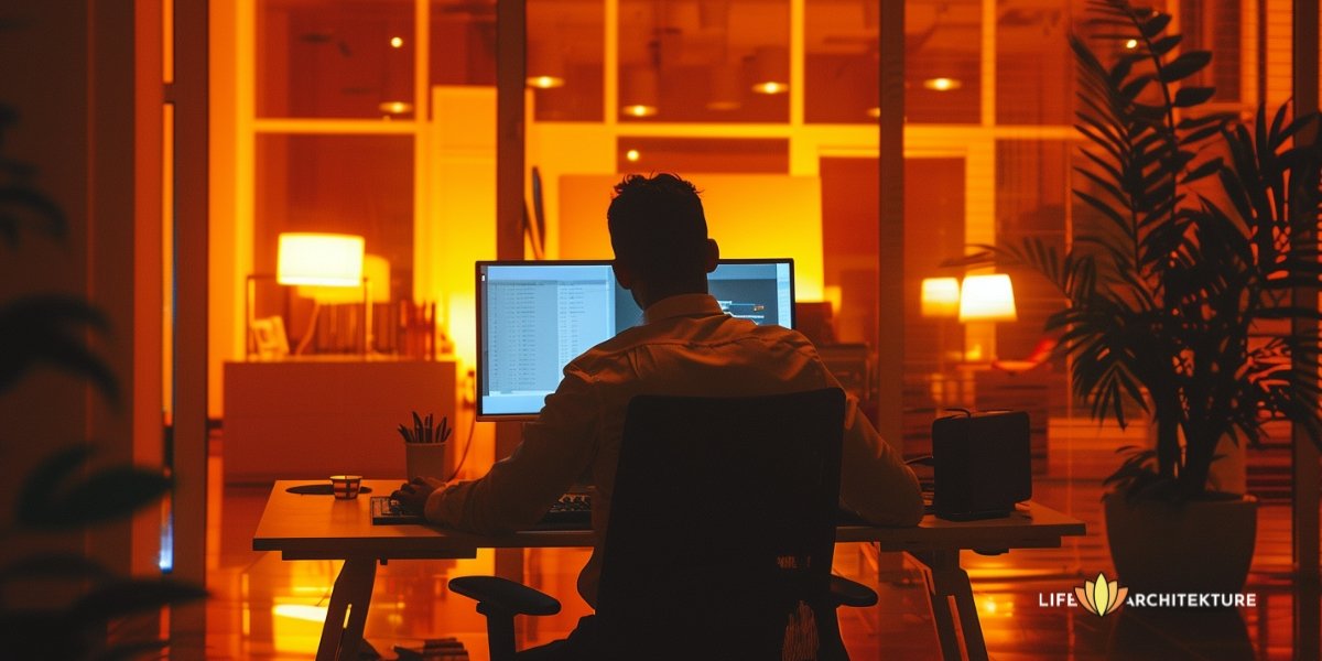 Een man die 's nachts alleen op kantoor werkt en te veel uren maakt, voelt zich niet voldaan over zijn werk