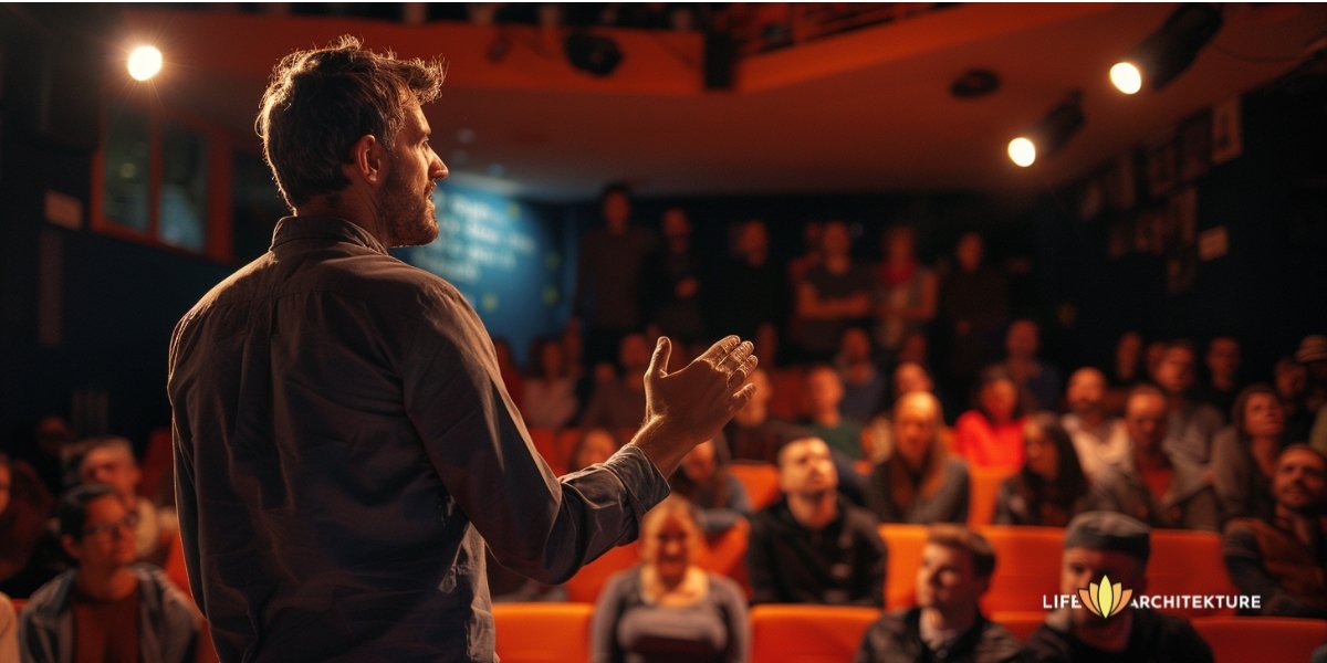 A man on the stage, telling a story about 'how to put yourself out there'