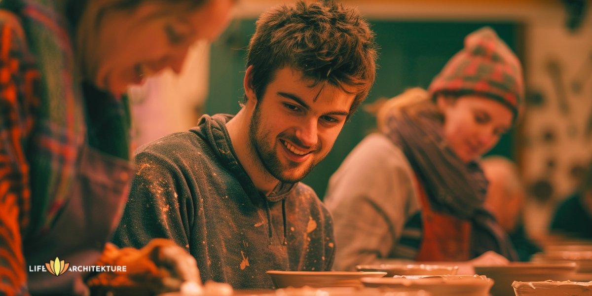 Homme participant à un atelier de poterie avec d'autres personnes, essayant de nouvelles choses pour trouver ce en quoi il est doué.