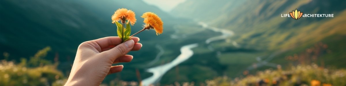 picture of a hand holding a flower in a mountain landscape, cherishing the moment