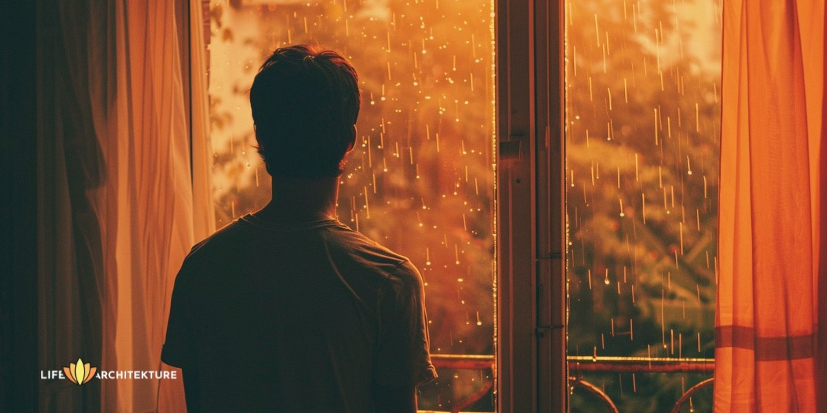A guy standing near the window on a rainy day feeling lonely, looking outside