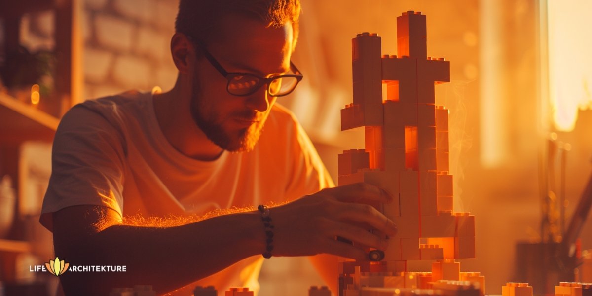 Un hombre construye una torre de lego aprendiendo de los errores y aceptando las imperfecciones.