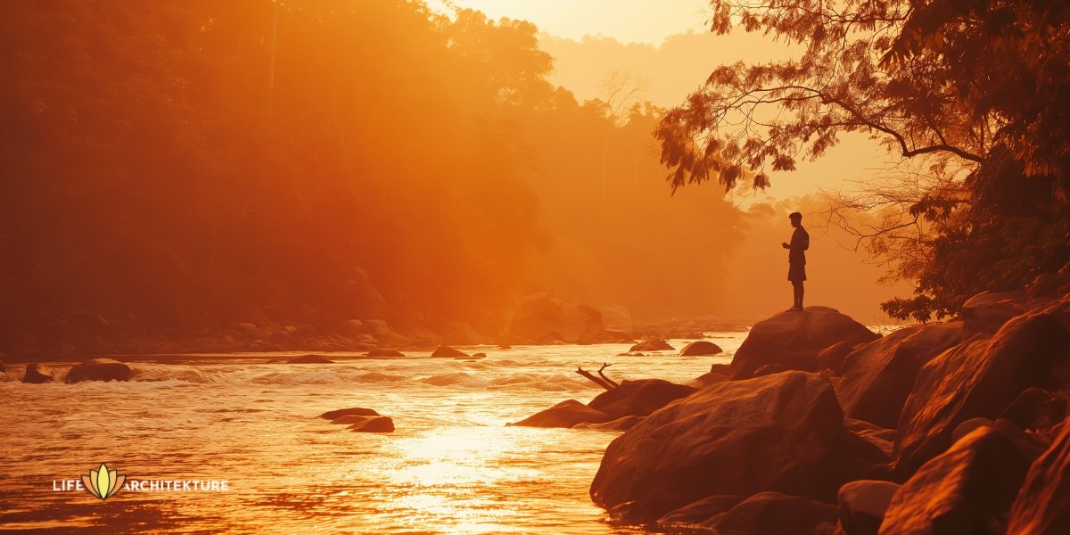 Een man die bij de rivier op een rots staat en tijd voor zichzelf neemt, werk en privé in evenwicht houdt
