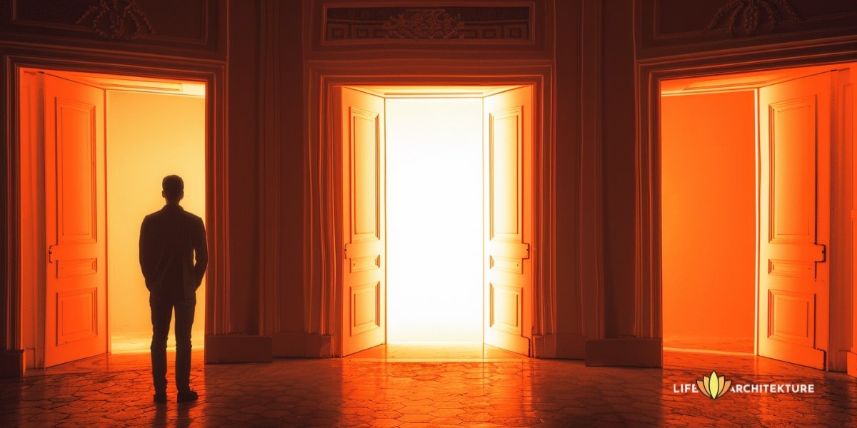 A man standing in front of three open doors, thinking about which one to take