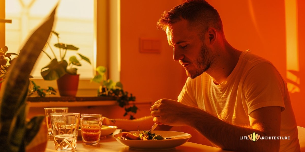 Man oefent mindfulness en aanwezigheid tijdens de lunch