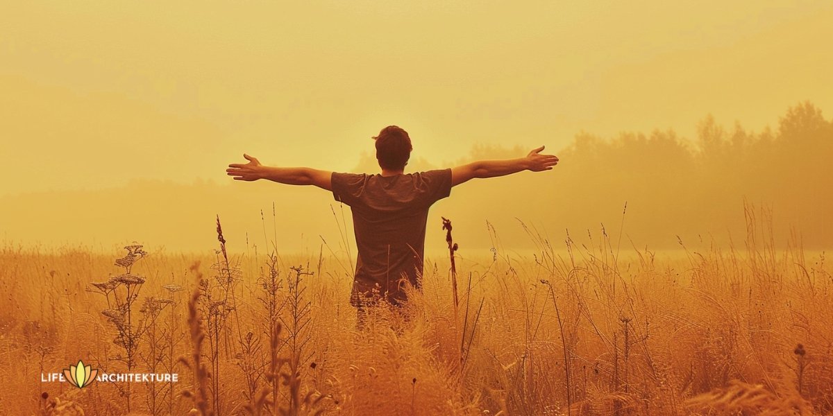 Man staat met open armen in het veld, genietend van persoonlijke vrijheid