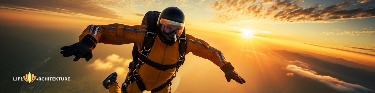 a man enjoying sky diving during sunrise