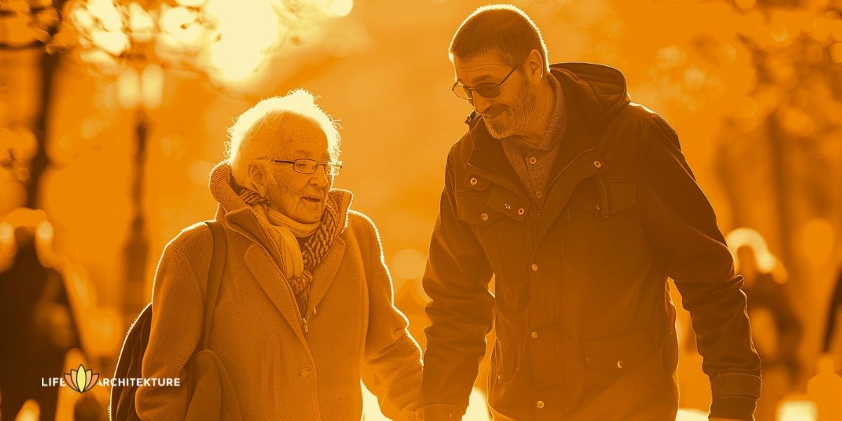 Een man die een oude vrouw over straat helpt, hij vindt geluk in het helpen van anderen