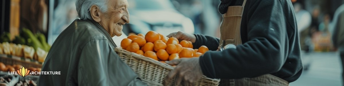 Un homme aide un vieil homme à porter un panier lourd en utilisant sa force pour servir.