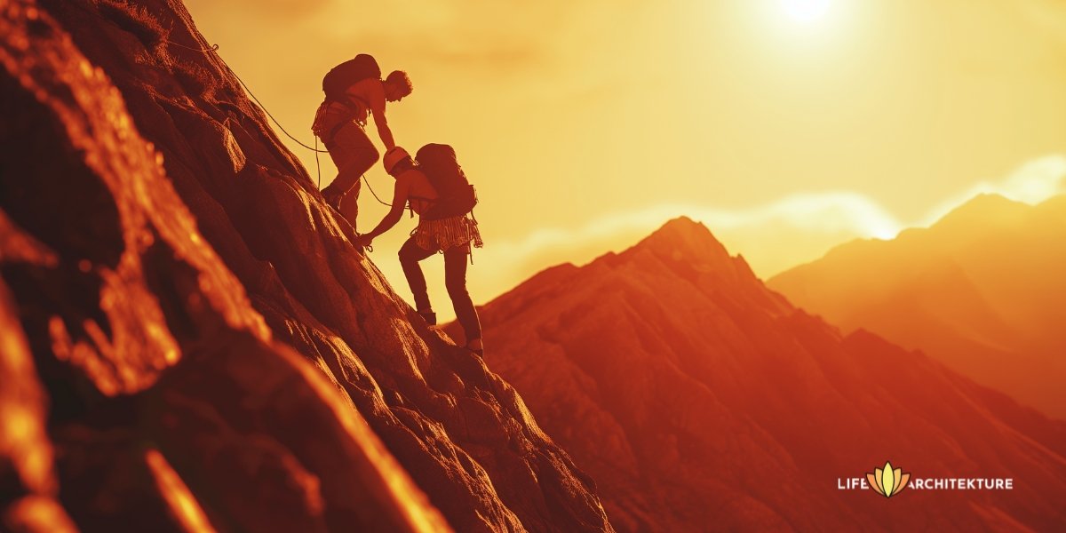 Un homme intègre aidant un autre homme à gravir la montagne,