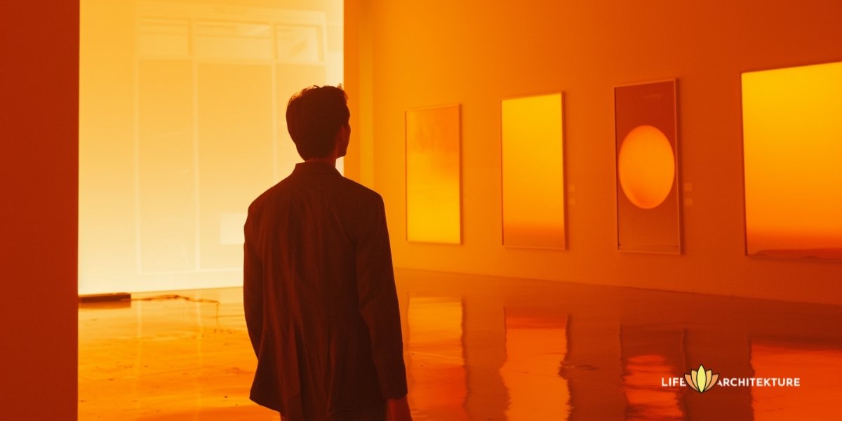 Man in an art gallery looking at artworks, thinking "what it means to live the life you want"
