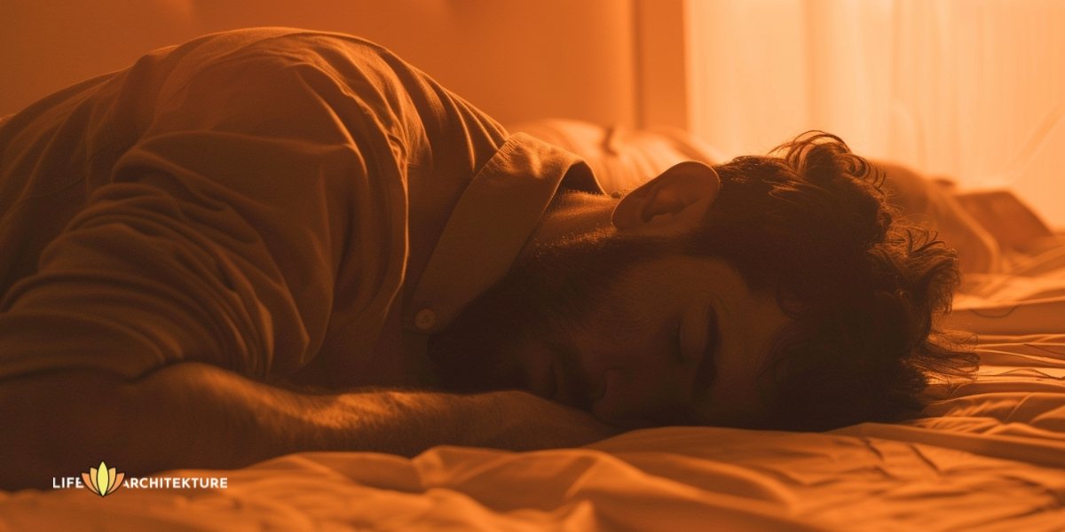 Man lying on bed going through different emotions of sadness and grief after breakup