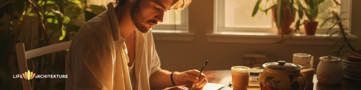 Man reflecting through his day by journaling