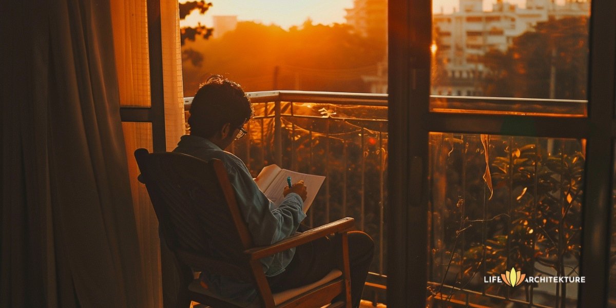 Mann sitzt auf seinem Balkon und schreibt Tagebuch, während er seine negativen Selbstgespräche in positive umwandelt