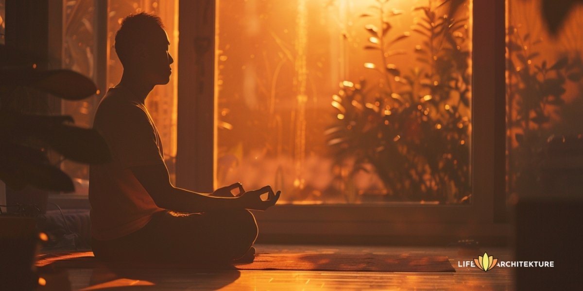 Hombre meditando durante la puesta de sol en casa, utilizando la ley de la polaridad para el crecimiento personal