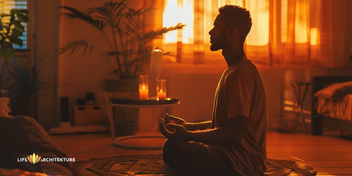 Man on a spiritual journey practicing meditation at home, to achieve balance and fulfillment