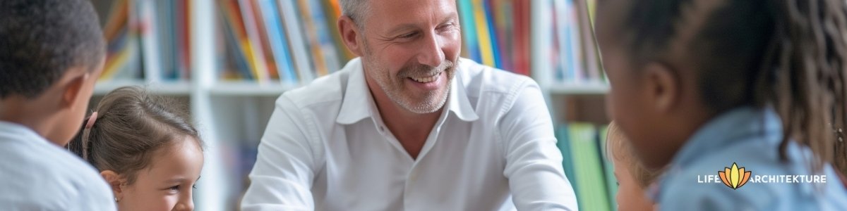 a man mentoring small children at library: sign of masculinity